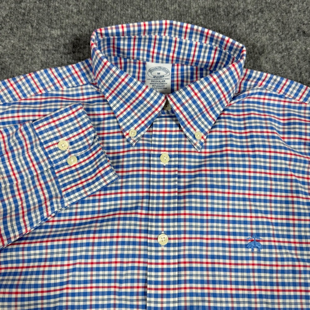 Brooks Brothers Shirt Regular Fit Non-Iron Stretch Mens M Blue Red Plaid EUC